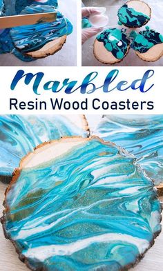 blue and green marbled resin wood coasters with text overlay