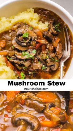 mushroom stew in a white bowl with mashed potatoes and carrots