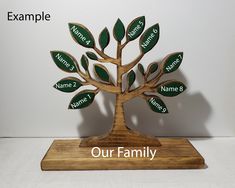 a wooden family tree with names on it