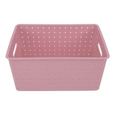 a pink plastic basket with holes on the sides and bottom, in front of a white background