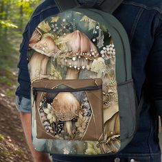 a man wearing a backpack with mushrooms on it