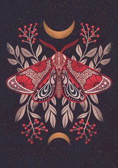 a red moth sitting on top of a leafy plant next to a crescent moon