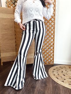 BOHO STRIPED DENIM FLARES. 97% COTTON, 3% SPANDEX. Dark Blue Stripe. Trendy Striped Bottoms, Brown Stripe Flare Jeans, Cool Funky Flare Jeans, Striped & Floral Print Flare Leg Pants, Luxury Trendy Spring Flares, American Flag Flare Pants, Western Grunge Aesthetic, Western Grunge, Elf Activities