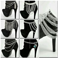 Boot & Shoe Jewelry www.camglamm.com Boot Jewelry Diy Ideas, Boots With Chains, Diy Heels, Shoe Hacks, Shoe Refashion, Shoe Makeover, Boot Chains, Boot Bling, Ankle Jewelry