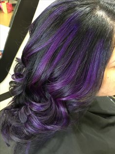 Types Of Purple Hair Colour, Voliet Color Hair, Jet Black Hair With Purple Highlights, Long Black And Purple Hair, Skunk Hair Dye Purple, Purple And Brown Hair Ideas