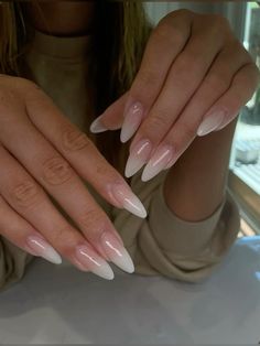 Long Almond Nails Aesthetic, Ombre Nail Designs White, Long Almond Ombre Nails, Russian Manicure Almond Nails, Long White Ombre Nails, French Ombre Almond Nails, Ombré French Tip Almond, White Ombre Nails Almond, Nude Nails With Design Simple