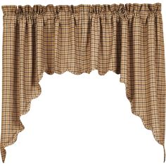 a window curtain with a checkered pattern on the top and bottom, hanging from a rod