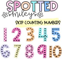 the numbers are numbered in pink, blue and green with white letters on them that say spotted smileys skip counting numbers