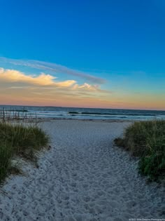 a sandy path leading to the ocean at sunset