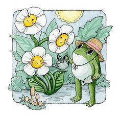 a frog is watering water from a pond with daisies