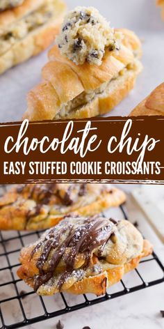 chocolate chip easy stuffed cookie croissants on a cooling rack with text overlay