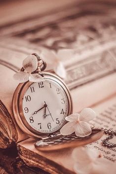 an open book with a pocket watch on top of it and flowers in the middle