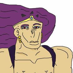 a drawing of a man with purple hair and earrings on his head, wearing a turban