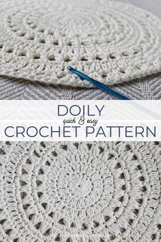 two crocheted doily on top of each other with text overlay that reads, doliy quick and easy crochet pattern