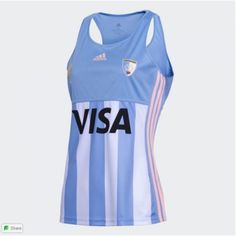 a women's blue and white jersey with the word visa printed on the chest