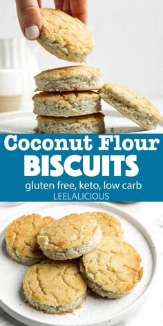 coconut flour biscuits are stacked on top of each other with text overlay that reads, coconut flour biscuits gluten free, keto, low carb