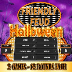 HALLOWEEN FAMILY FRIENDLY FEUD - HALLOWEEN TRIVIA Games Powerpoint, Halloween Trivia, Family Feud Game, Family Friendly Games, Test Games, Reunion Games, Halloween Facts, Games Party, Halloween Family