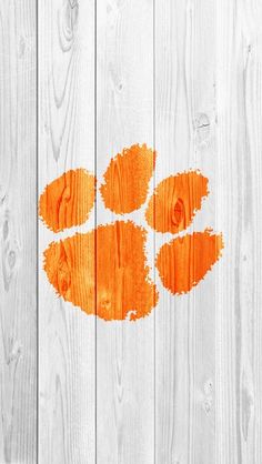 an orange painted paw print on white wood