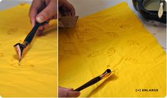 two pictures showing the process of painting yellow paper