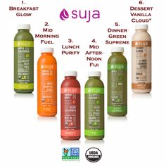 six different types of juices are shown with the names in english and spanish on them