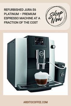 an advertisement for a coffee machine with the words shop now on it and below it