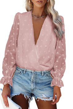 Pink Polka Dot Print Deep V Neck Blouse Spring Polka Dot Swiss Dot Blouse, Spring V-neck Swiss Dot Top, Polka Dot Swiss Dot V-neck Top, Deep V Neck Blouse, Fleece Denim Jacket, Color Blouse, Enjoy Your Day, Plus Swimwear, Matching Swimwear