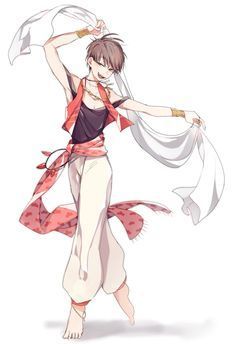 an anime character is dancing with her scarf around her neck