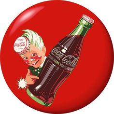 a red button with an image of a man holding a coca - cola bottle