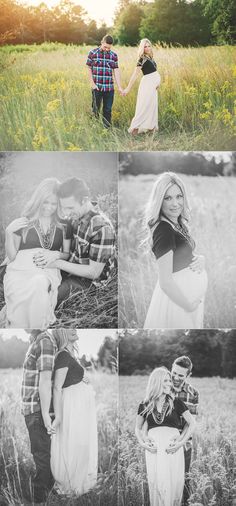 a couple holding hands while standing in a field with tall grass and yellow wildflowers