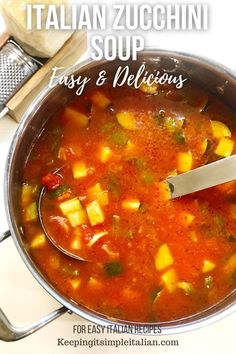 italian zucchini soup in a pot with a ladle