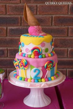 a birthday cake decorated with candy and an ice cream cone