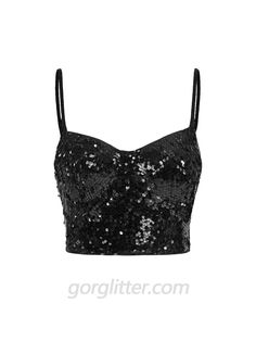 Cute Sequin Tops, Black Sparkly Crop Top, Sparkle Tops For Women, Black Concert Top, Outfits Festa, Sparkly Clothes, Black Glitter Top, Sparkly Shirt, Sparkly Tops