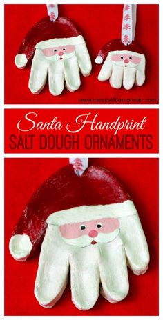 santa handprinted salt dough ornaments on red background with text overlay that reads santa handprint salt dough ornaments