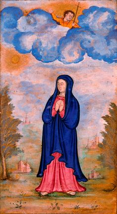 an image of the virgin mary with clouds in the background