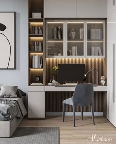 a bedroom with a bed, desk and bookcases in the wall next to it