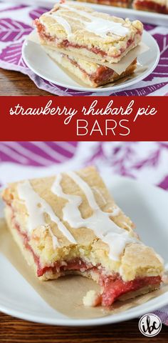 strawberry shortcake pie bars with white frosting on top and bottom, sitting on a plate