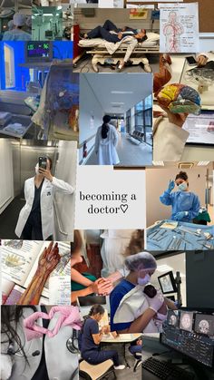 a collage of photos with doctors and nurses in scrubs, medical gowns