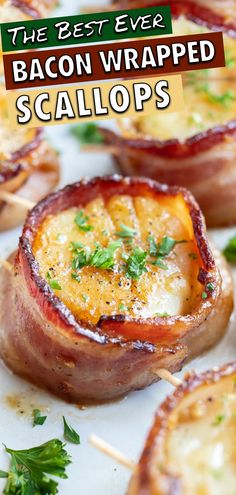 bacon wrapped in cheese and garnished with parsley on a white platter