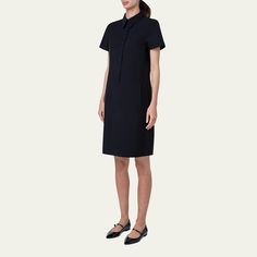 Akris shirtdress featuring yoked front and back Spread collar; half snap front Short sleeves Side split pockets A-line silhouette Knee length Cotton/silk/elastane Made in Switzerland Shirtdress, Side Split, Bergdorf Goodman, Cotton Silk, Switzerland, Knee Length, Tops Designs, Split, A Line