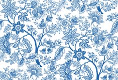 a blue and white floral wallpaper with many different types of flowers on the side