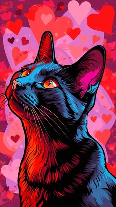 a painting of a black cat with hearts in the background