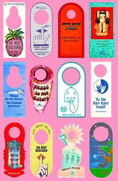 several different colored tags on a pink background