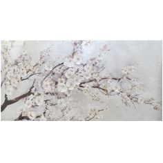 an abstract painting of white flowers on a tree branch with gray and white background,