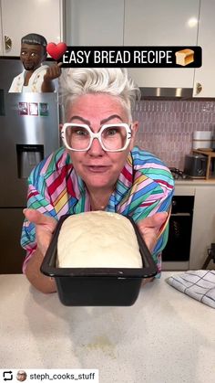 an old woman with glasses holding a cake in front of her face and the words easy bread recipe on it