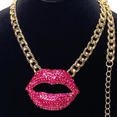 When You Just Need To Make A Statement!!! Thick Gold Colored Adjustable Chain Trendy Pink Jewelry With Chain Strap, Pink Jewelry With Adjustable Chain For Parties, Trendy Pink Chain Necklace With Adjustable Chain, Pink Jewelry With Gold Chain, Trendy Pink Chain Necklace, Glamorous Pink Necklace For Party, Rose Red Party Necklace, Heart Stone Necklace, Sparkle Lips