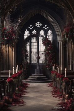 an empty church with candles and flowers on the aisle