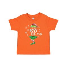 I'm the Boss Elf, Christmas Toddler T-Shirt featuring elf hat and shoes. A toddler-soft cotton tee in look-at-me, big kid colors. 4.5 oz., 100% combed ringspun cotton. White is sewn with 100% cotton thread. Topstitched rib crew neck. Double-needle stitched sleeves and bottom hem. Shoulder-to-shoulder taping. Toddler T-Shirt. Size: 5/6T.  Color: Orange.  Gender: male. Christmas Toddler, Elf Hat, Elf Christmas, Toddler Christmas, Cute Cows, Girls Toddler, The Boss, Size 4t, Big Kid