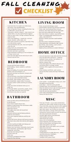 the fall cleaning checklist is shown in red and white with an orange border around it