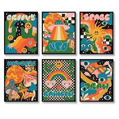 four posters with different designs on them in the shape of animals and rainbows, one is