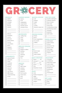 the grocery list is shown in pink and green